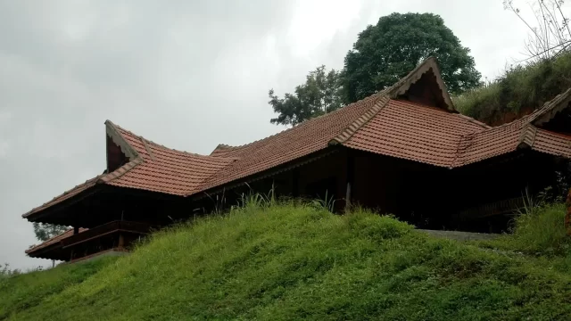 Traditional Kerala homestay surrounded by greenery and coconut trees