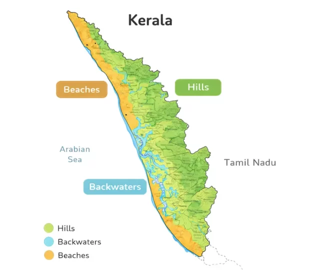 Illustrative map showing major tourist regions of Kerala including backwaters hills and beaches