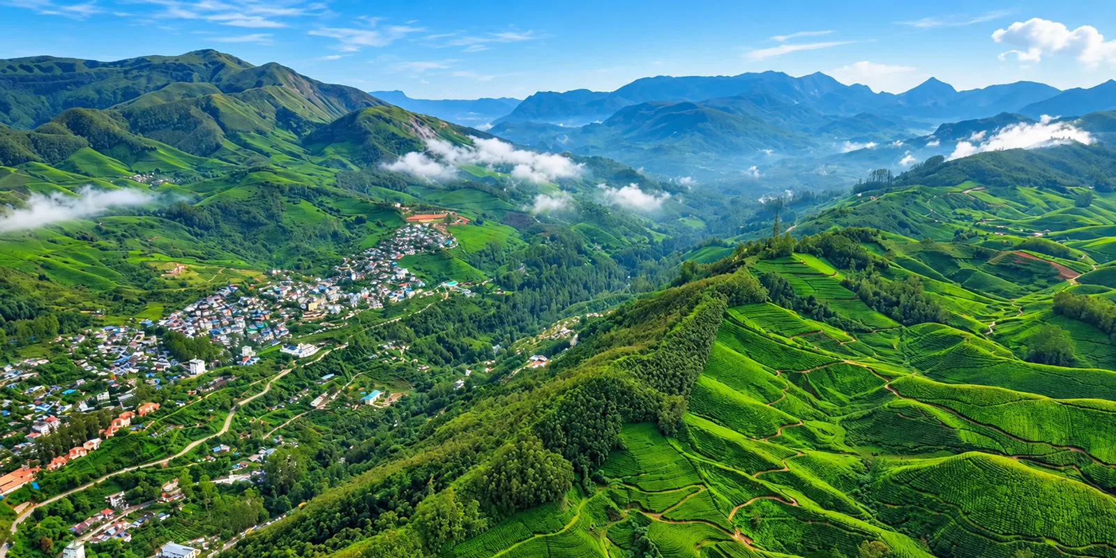 Panoramic view of Munnar tea gardens, hillside homes and mist drifting through a mountain valley.